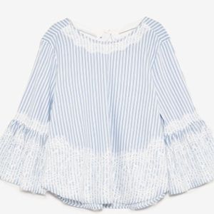 Blue White Striped Blouse Bell Sleeve Lace Top
